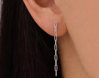Dangle Chain Stud Earrings in Sterling Silver, Silver or Gold or Rose Gold, Long Paperclip Chain Earrings, Delicate Minimalist Chain Earring