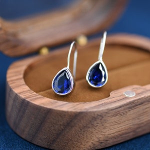 Sterling Silver Sapphire Blue CZ Droplet Drop Earrings in Sterling Silver, Chunky Pear Shape Hook Earrings