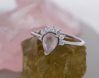 Genuine Pear Cut Rose Quartz Crown Ring in Sterling Silver, Natural Pink Rose Quartz Crystal Ring, Vintage Inspired Design, US 5 - 8