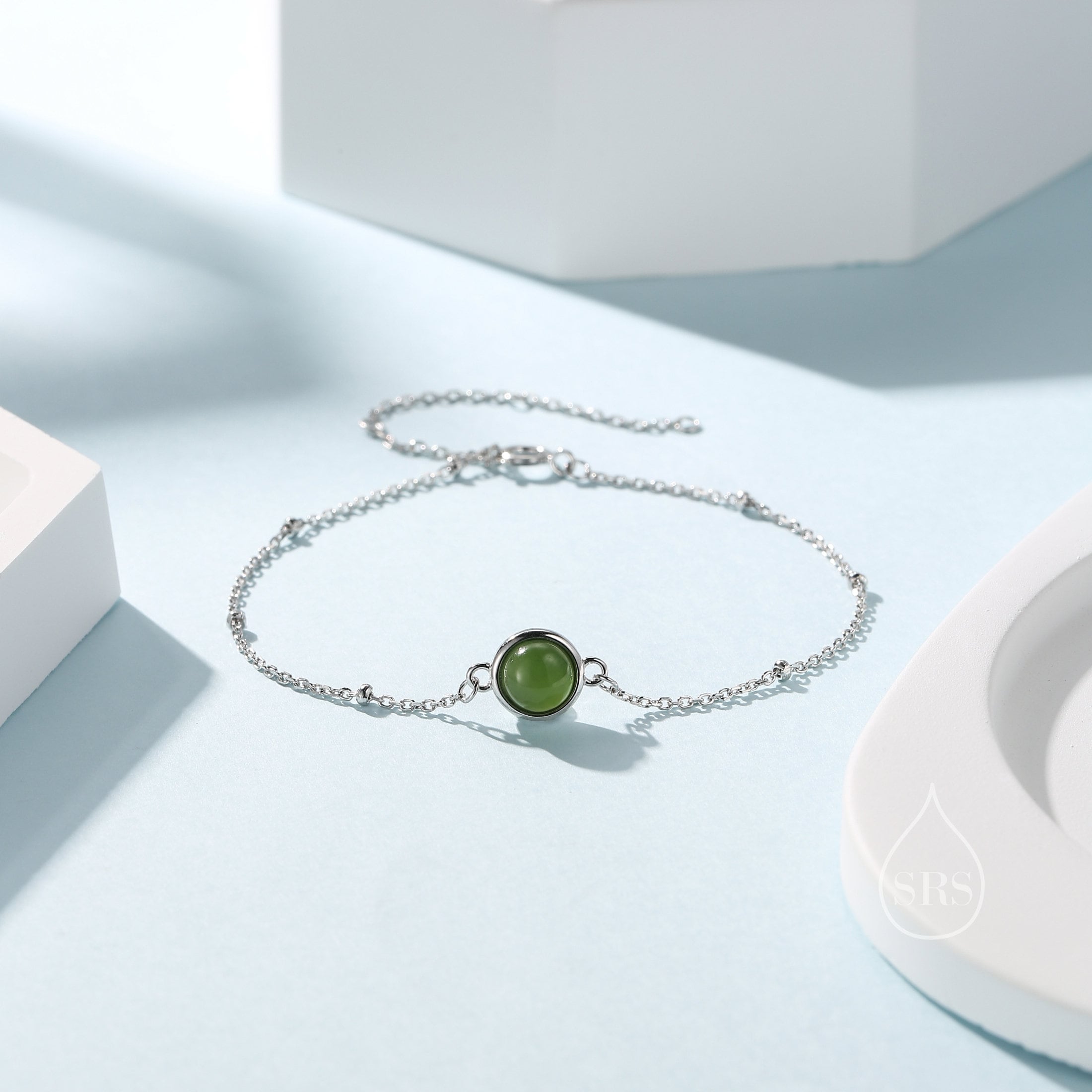 Genuine Jasper Jade Bracelet in Sterling Silver Natural Green