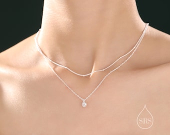 Double Layer CZ Necklace in Sterling Silver with Dainty Chain and Satellite Chain,  Silver or Gold or Rose Gold, Chain Necklace, Single CZ