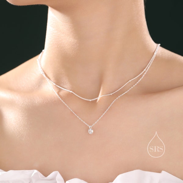 Double-Layer-CZ-Halskette aus Sterlingsilber mit zierlicher Kette und Satellitenkette, Silber oder Gold oder Roségold, Kettenhalskette, Single CZ