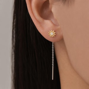 Pendientes de girasol en plata de ley, pendientes de girasol con cadena colgante, pendientes de girasol con cadena de arrastre