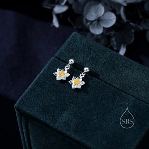 Daffodil Drop Stud Earrings in Sterling Silver, Tiny Daffodil Flower Dangle Earrings, Small Daffodil Earrings, Birth Flower for March image 5