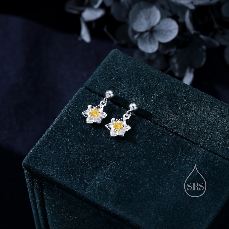 Daffodil Drop Stud Earrings in Sterling Silver, Tiny Daffodil Flower Dangle Earrings, Small Daffodil Earrings, Birth Flower for March image 5