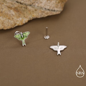 Lunar Moth Enamel Flat Back / Screw Back/ Stud Earrings in Sterling Silver, Green Enamel Butterfly Earrings, Nature-Inspired Animal Earring