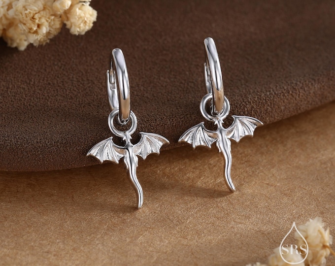 Tiny Dragon Huggie Hoop in Sterling Silver, Silver or Gold or Rose Gold, Dagon Dangle Hoop Earrings, Detachable and Interchangeable