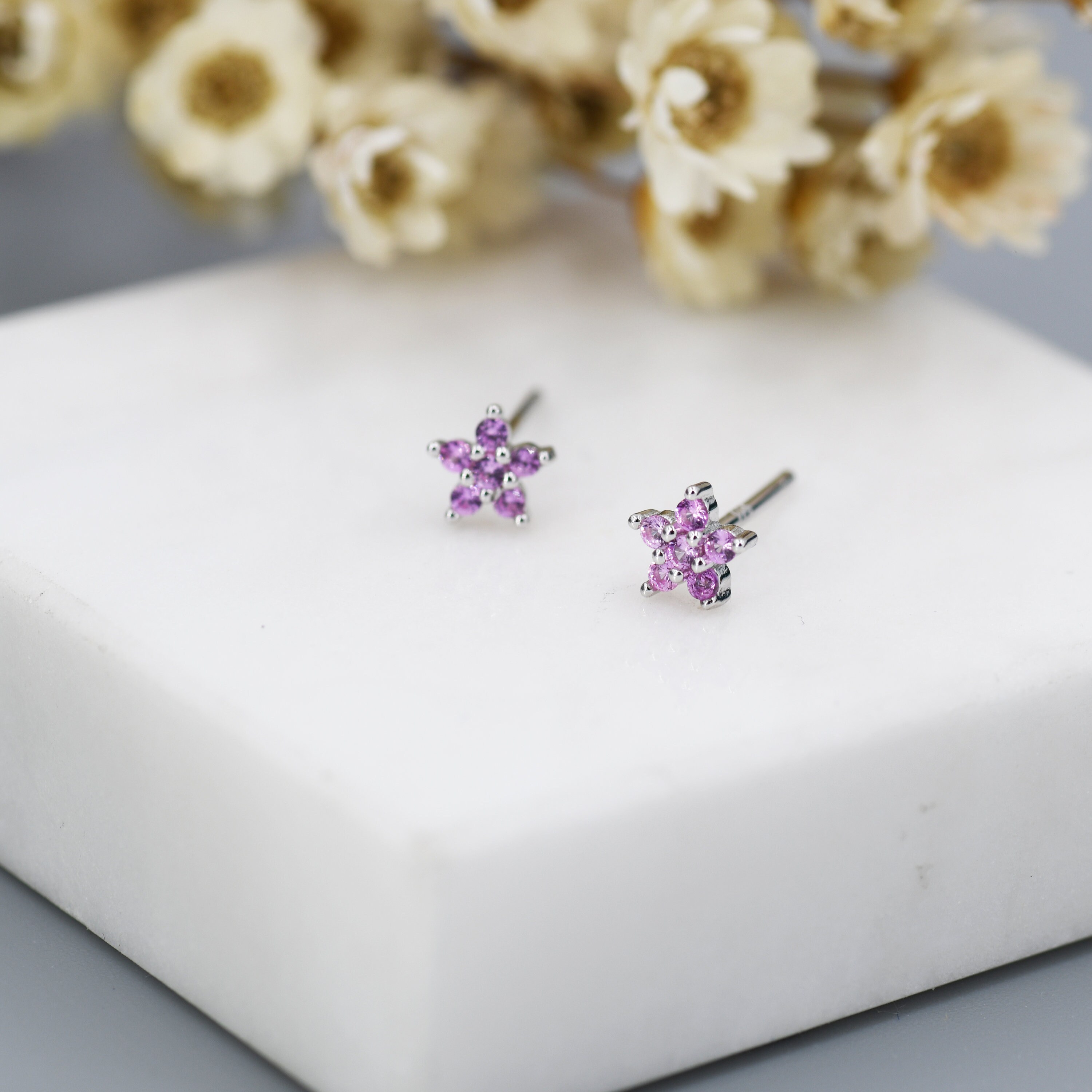 Tiny Pink CZ Flower Stud Earrings in Sterling Silver, Silver