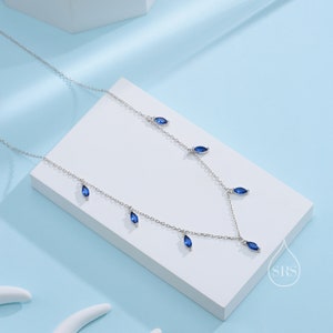 Sapphire Blue CZ Marquise Pendant Necklace in Sterling Silver, Silver or Gold, Marquise Charm Necklace, Droplet Satellite Necklace image 3