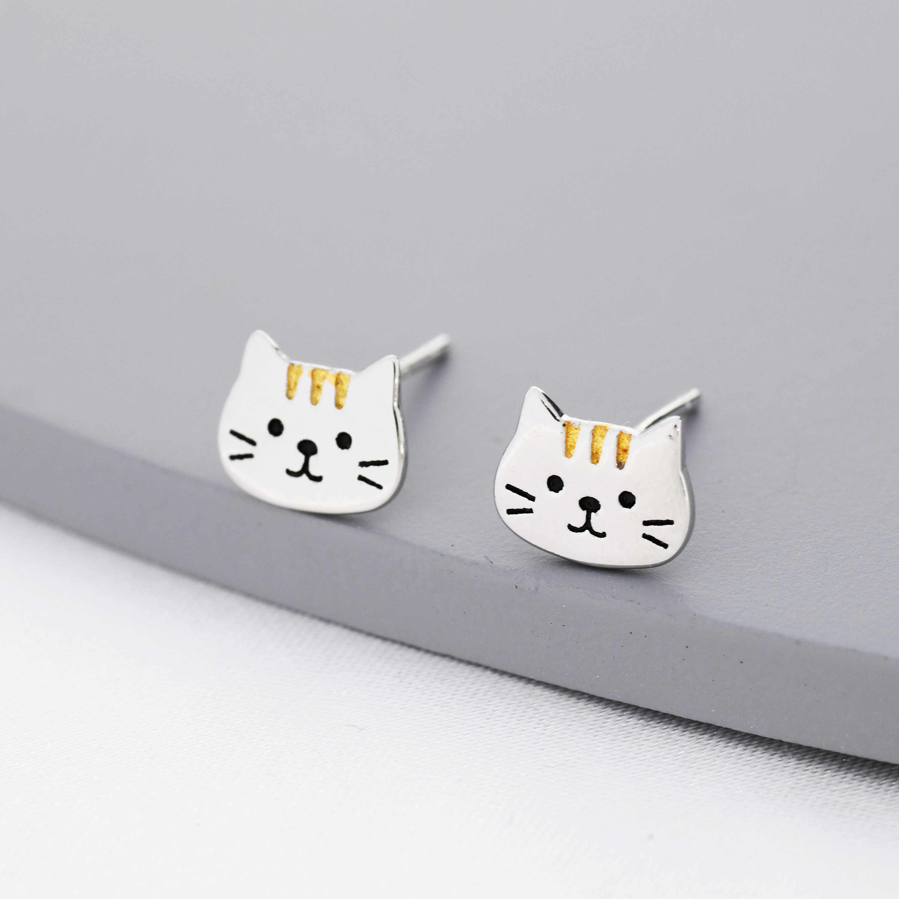 Orange Tabby Cat Stud Earrings in Sterling Silver, Cute Cat Earrings, Silver Cat Earrings, Nature Inspired Animal Earrings