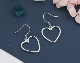 Sterling Silver Open Heart Drop Hook Earrings, Heart Drop Earrings, Delicate Large Heart Earrings