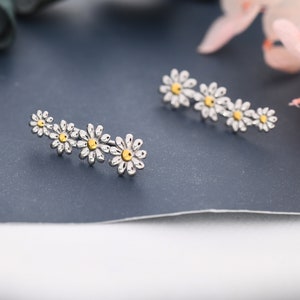 Daisy Flower Crawler Earrings in Sterling Silver, Two Tone Finish, Daisy Chain, Flower Earrings, Ear Climbers image 5
