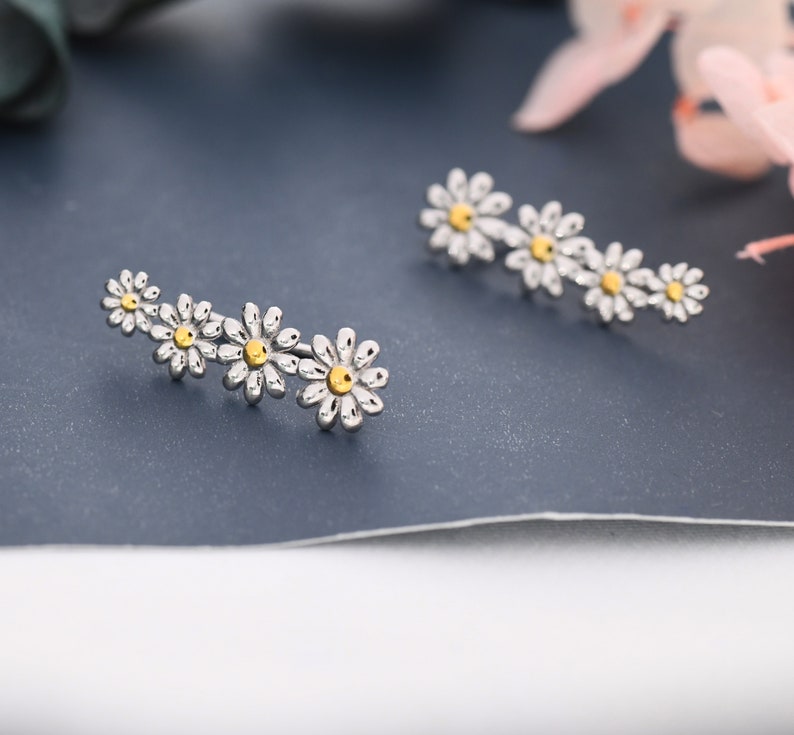 Daisy Flower Crawler Earrings in Sterling Silver, Two Tone Finish, Daisy Chain, Flower Earrings, Ear Climbers image 5