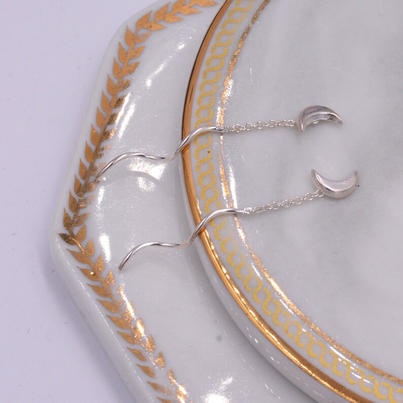 Sterling Silver Dainty Crescent Moon Threader Earrings Swirl Etsy