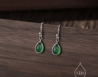 Genuine Green Onyx Droplet Drop Hook Earrings in Sterling Silver, Delicate Natural Green Onyx Earrings, Pear Shape Green Chalcedony Earrings