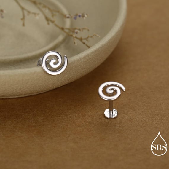 Koru Circle Spiral 16G Internally Threaded Flat Back Earrings in Sterling Silver
