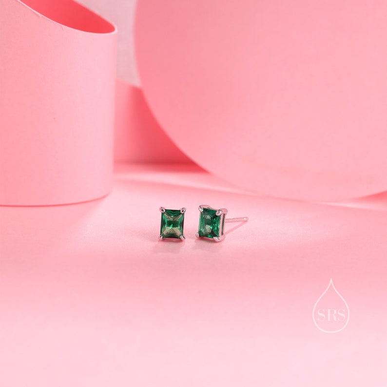 Emerald Cut Emerald Green CZ Stud Earrings in Sterling Silver, Silver or Gold, Square Cut Crystal Earrings, May Birthstone image 5