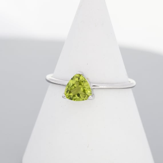 Genuine Peridot Ring in Sterling Silver, Natural Trillion