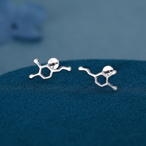 Pode incluir: Um par de brincos prateados em forma de estrutura química, possivelmente uma molécula. Os brincos são apresentados sobre um fundo azul-petróleo escuro, com uma textura suave e desfocada.