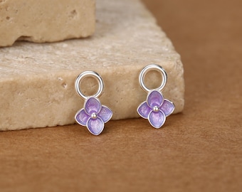 Sterling Silver Purple Enamel Hydrangea Dangle Hoop Earrings