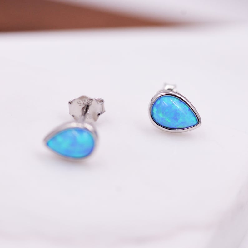Opal Droplet Stud Earrings in Sterling Silver Blue or White Etsy