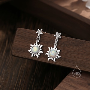 White Opal Sun and Star Dangle Stud Earrings in Sterling Silver, Silver or Gold, Star and Sun Lab Opal Celestial Earring