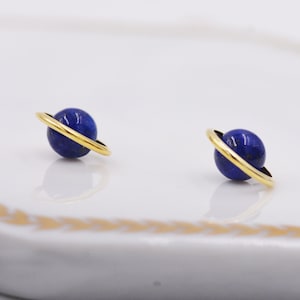 Sterling Silver 'Blue Planet' Saturn Planet Halo Stud Earrings with Lapis Lazuli Gemstone, Gold or Silver, Cute Fun Quirky Design image 1
