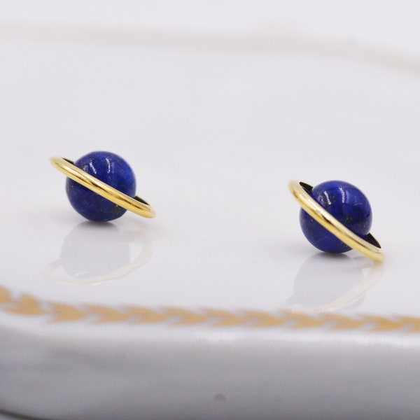 Sterling Silver 'Blue Planet' Saturn Planet Halo Stud Earrings with Lapis Lazuli Gemstone, Gold or Silver, Cute Fun Quirky Design