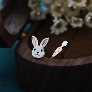 Mismatched Rabbit and Carrot Stud Earrings in Sterling Silver with partial rose gold, Asymmetric Cute Bunny and Carrot Earrings