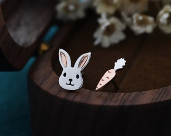 Mismatched Rabbit and Carrot Stud Earrings in Sterling Silver with partial rose gold, Asymmetric Cute Bunny and Carrot Earrings