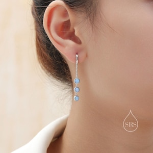 Blue Opal Dangle Charm Hoop Earrings, Opal Trio Dangle Hoop Earrings, Silver or Gold, Lab Opal Chain Charm Hoops