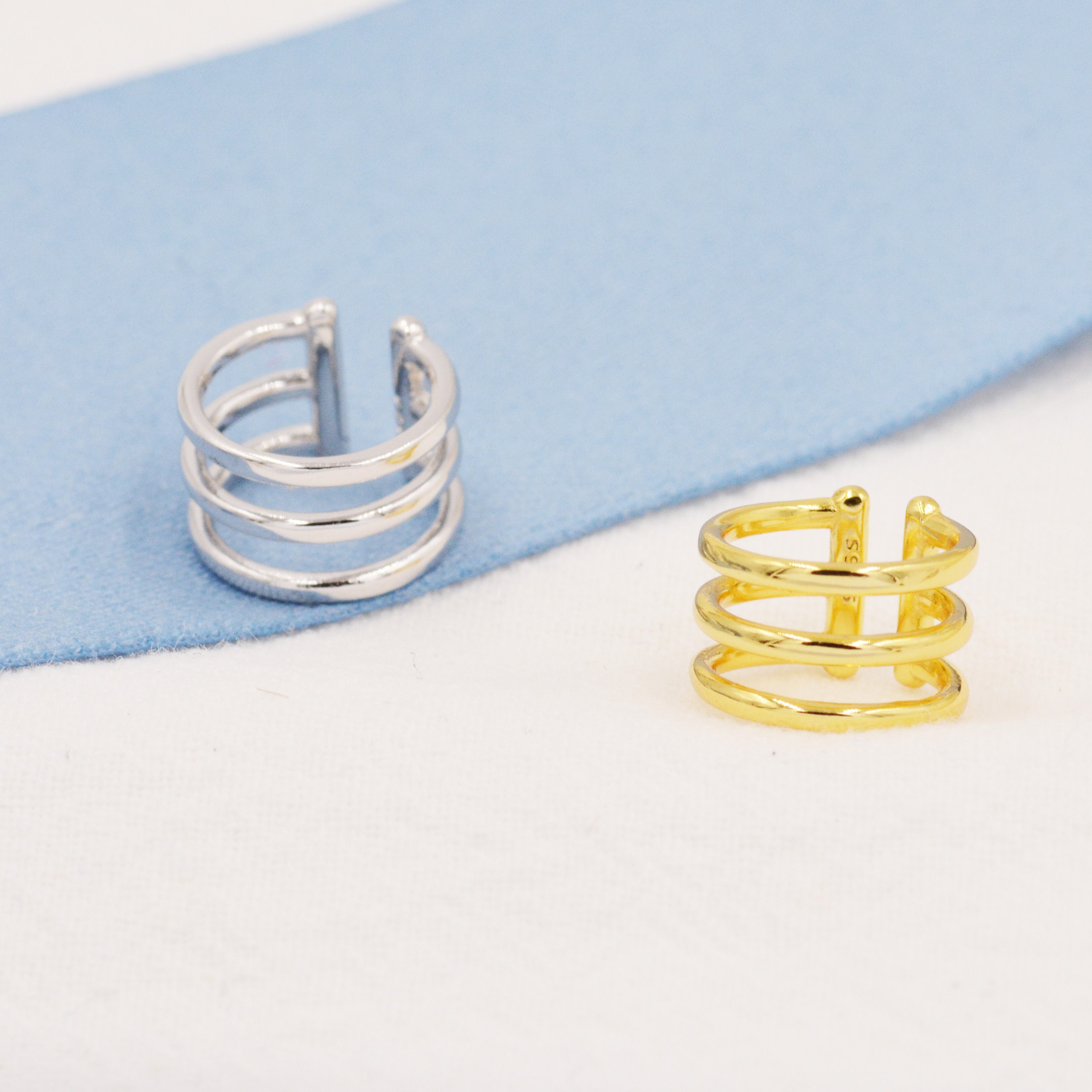 Chunky Triple Bar Ear Cuffs in Sterling Silver Three Bar Ear Etsy