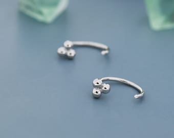 Tiny Three Ball Huggie Hoop Earrings in Sterling Silver, Three Ball Cluster Earrings, Open Hoops,  Pull-Through Threader Earrings,