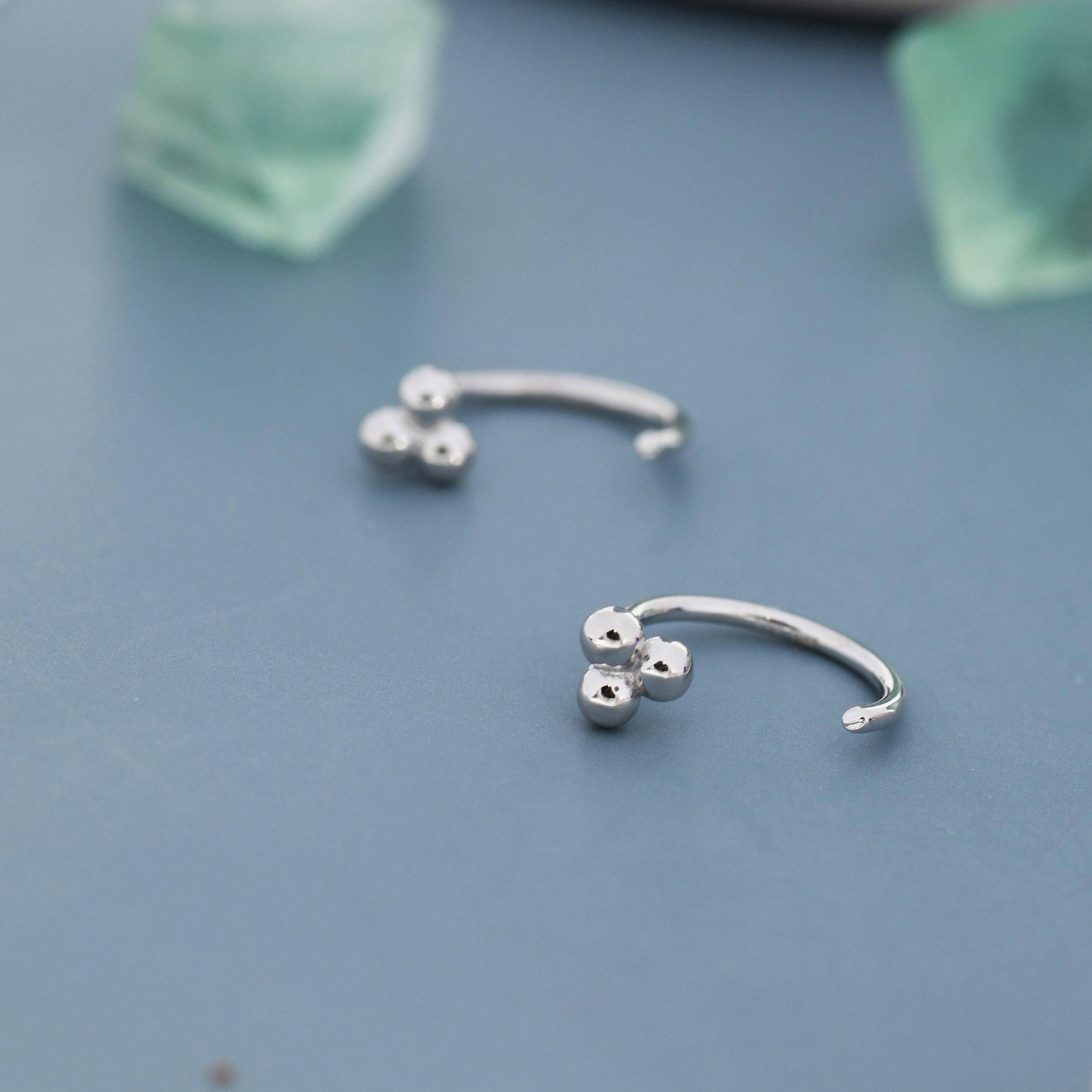 Silver Open Hoop Earrings With 3 Balls, 3/4 Small Thick Huggies