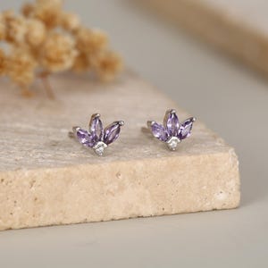 Sterling Silver Amethyst Purple CZ Marquise Cluster Stud Earrings,  Gold or Silver, Marquise Fan Stud, CZ Crown Stud, Three Marquise Stud