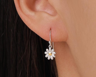 Little Daisy Flower Drop Hook Earrings in Sterling Silver - Cute Flower Blossom Earrings  -   Fun, Whimsical