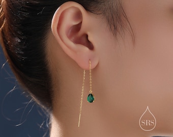 Emerald Green Droplet CZ Threader Earrings in Sterling Silver, Silver or Gold,  Pear Cut CZ Long Ear Threaders, Sparkly CZ Threaders