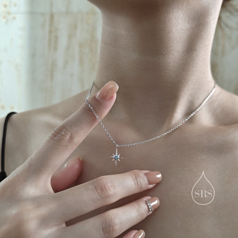 Tiny North Star Pendant Necklace in Sterling Silver with Blue Opal, Silver or Gold or Rose Gold, Starburst Necklace, Tiny Opal Star Necklace zdjęcie 2