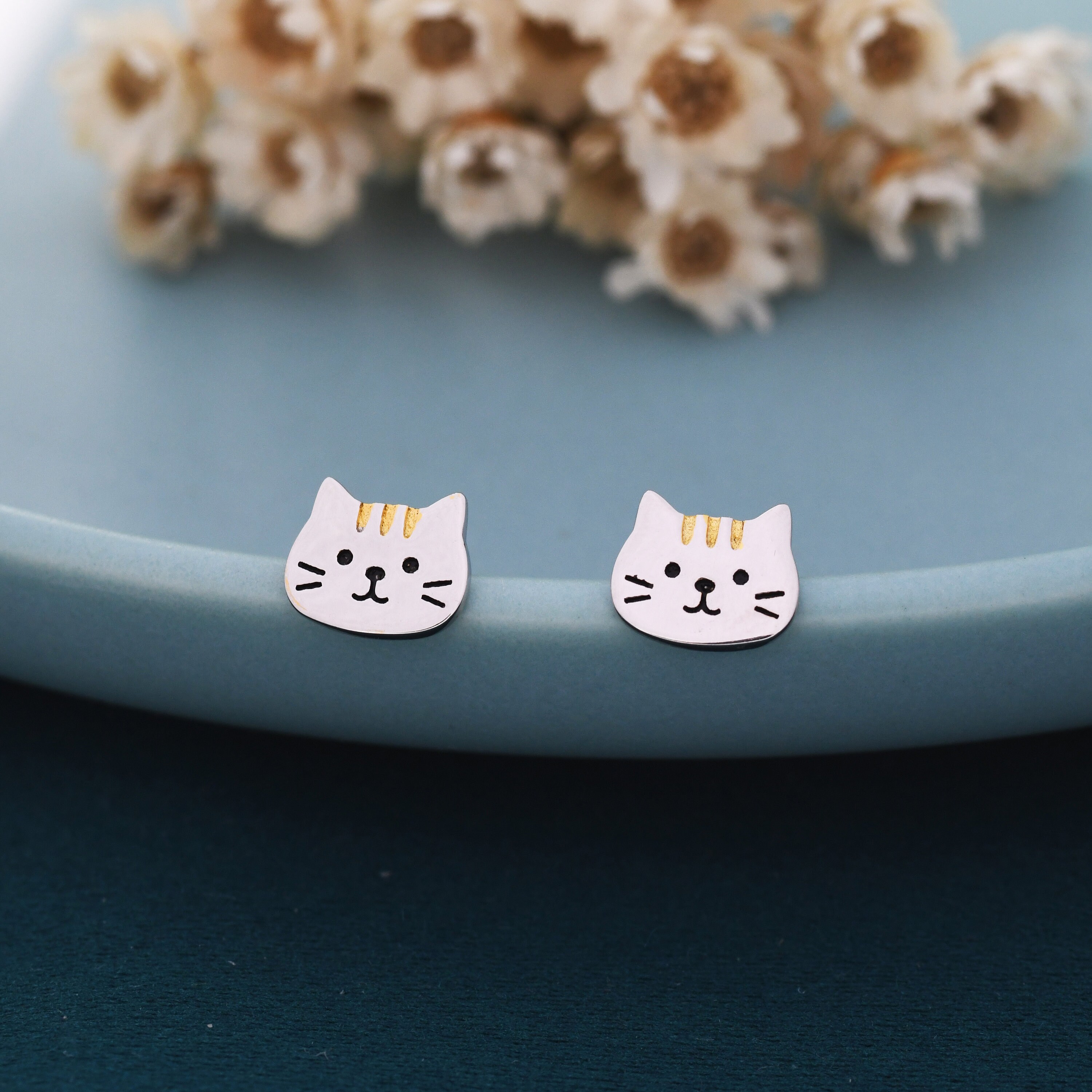 Orange Tabby Cat Stud Earrings in Sterling Silver, Cute Cat Earrings, Silver Cat Earrings, Nature Inspired Animal Earrings