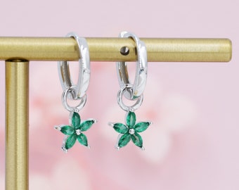 Emerald Green Flower CZ Huggie Hoop in Sterling Silver, Silver or Gold, Minimalist Simple Hoop Earrings, Detachable and Interchangeable