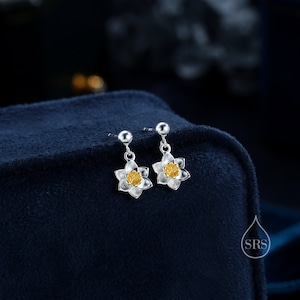 Daffodil Drop Stud Earrings in Sterling Silver, Tiny Daffodil Flower Dangle Earrings, Small Daffodil Earrings, Birth Flower for March image 1