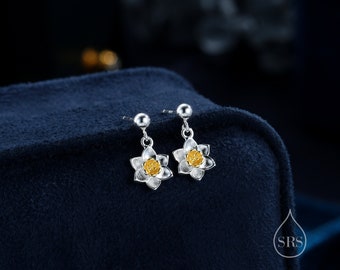 Daffodil Drop Stud Earrings in Sterling Silver, Tiny Daffodil  Flower Dangle Earrings, Small Daffodil Earrings, Birth Flower for March