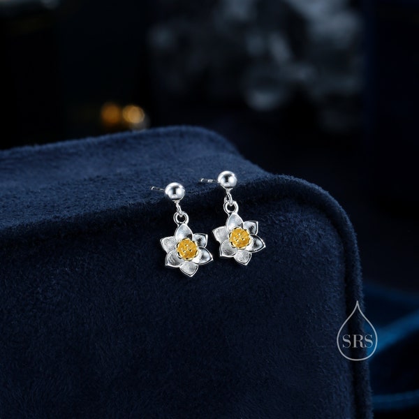 Daffodil Drop Stud Earrings in Sterling Silver, Tiny Daffodil  Flower Dangle Earrings, Small Daffodil Earrings, Birth Flower for March