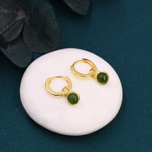 Sterling Silver Dangling Jade Hoop Earrings, Detachable Genuine Green Jade Coin Charm Dangle Hoop Earrings, Silver or Gold, Interchangeable zdjęcie 4