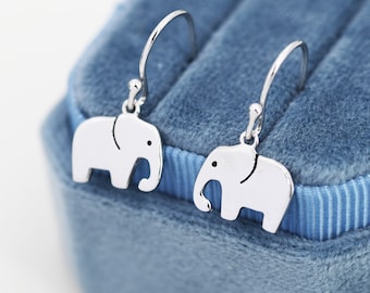 Elephant Drop Hook Earrings in Sterling Silver, Silver Animal Earrings, Nature Inspired Jewellery