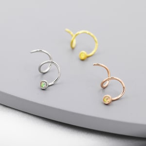 Double Spiral Opal Earring in Sterling Silver, For Double Pierced Ears, Double Piercing Earrings, Spiral Hoops with Tiny Opals