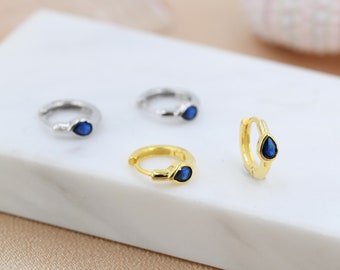 Sapphire Blue Pear Cut CZ Huggie Hoop in Sterling Silver, Silver or Gold, Minimalist Simple Blue Hoop Earrings