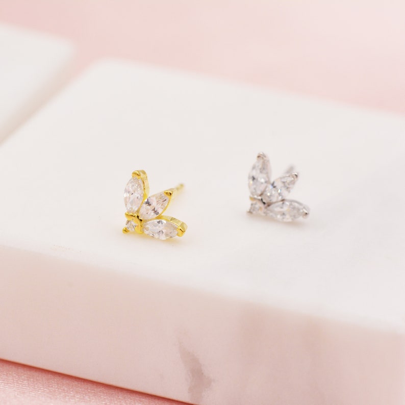 Sterling Silver CZ Marquise Cluster Stud Earrings, Gold or Silver, Marquise Fan Stud, CZ Crown Stud, Three Marquise Stud image 5