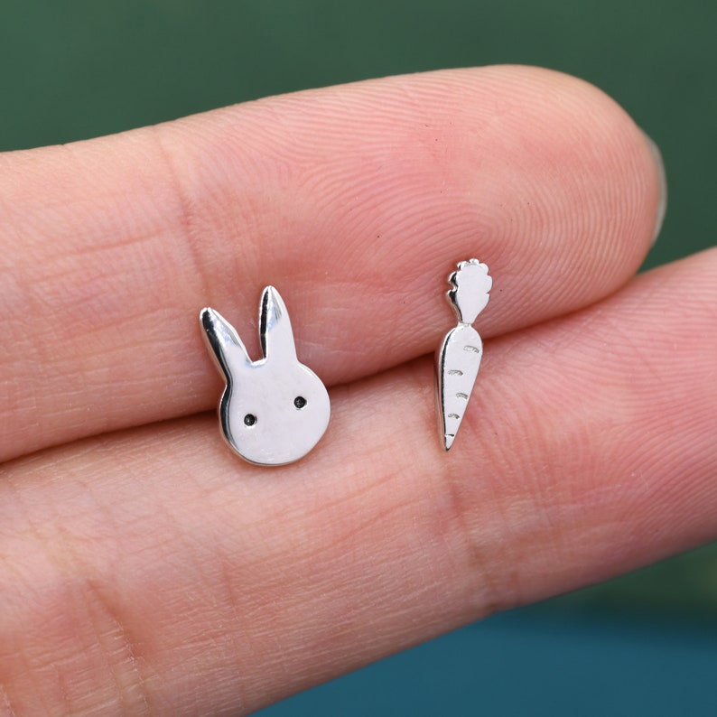 Mismatched Rabbit and Carrot Stud Earrings in Sterling Silver, Asymmetric Cute Bunny and Carrot Earrings image 2