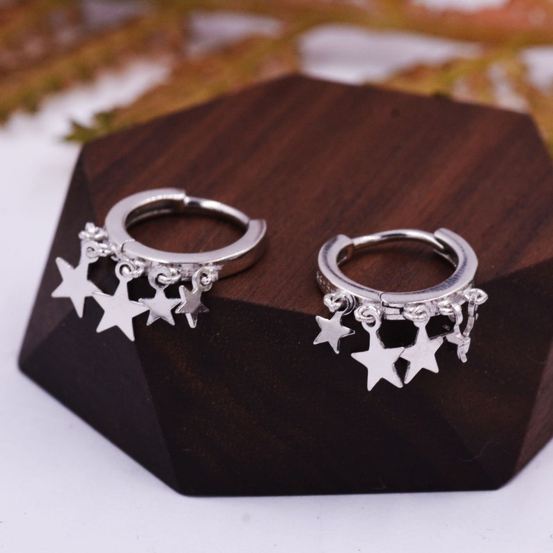 Huggie Hoop Earrings With Dangling Star Charms in Sterling Etsy UK